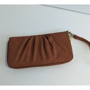 Wallet Clutch Zippered Wristlet with Gold Accents Credit Card Slots Brown Tan